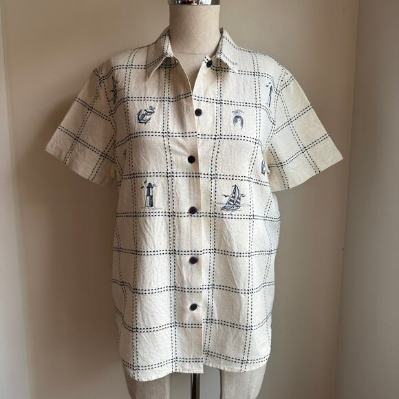 Embroidered Coastal Linen Blend Shirt Lemon Grass Petite Medium PM - Picture 1 of 10